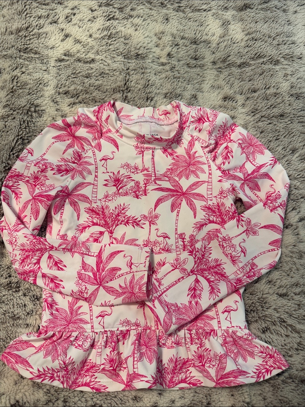 Janie and Jack Pink Palm Tree Print Ruffle Hem Long Sleeve Swim Top / rash guard